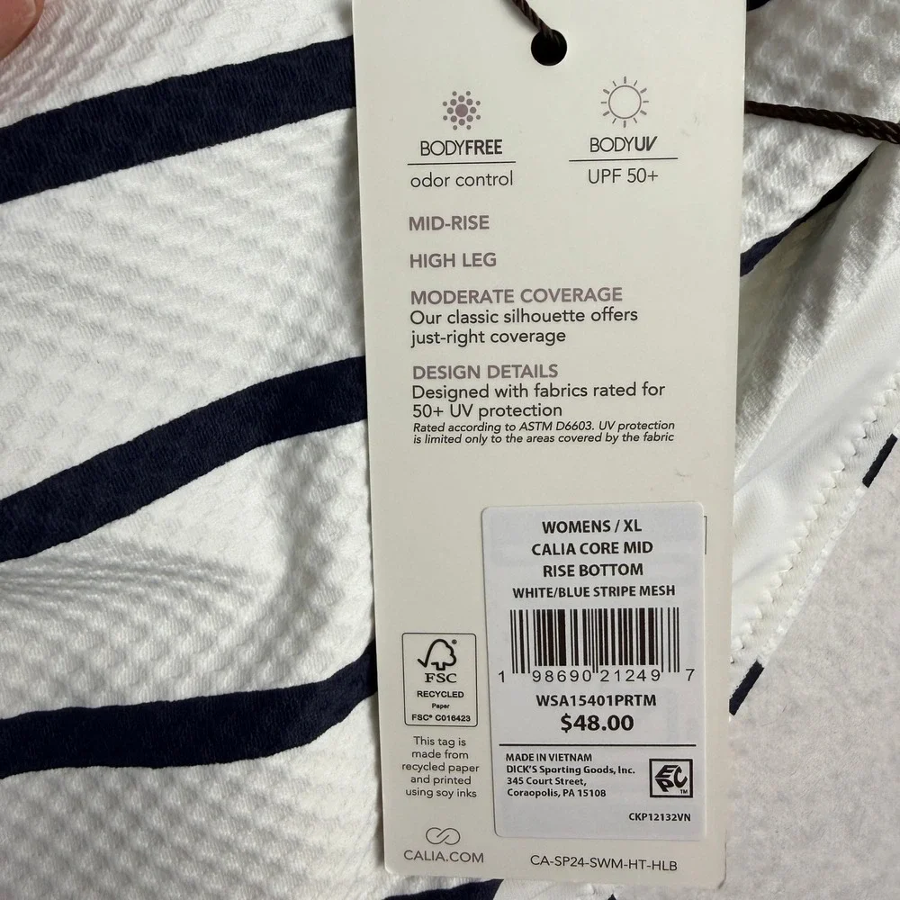 CALIA Womens Core Mid Rise Swim Bottom Navy‎ White Stripe Swim Size XL NWT